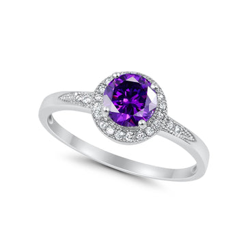 Halo Art Deco Engagement Ring Round Simulated Amethyst CZ 925 Sterling Silver
